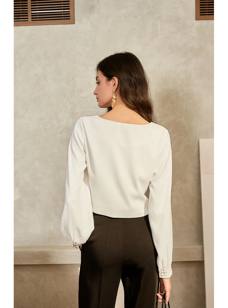 

[EAM] Women White Temperament Short Blouse New Square Collar Long Puff Sleeve Loose Shirt Fashion Tide Spring Autumn 2021 1T612