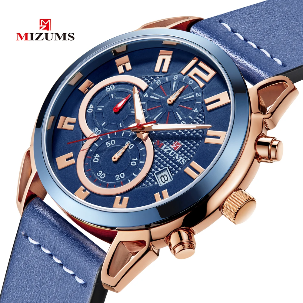 

Luxury Men Chronograph Watch Waterproof Casual Sport Watches Blue Leather Fashion Quartz Waristwatch Rose Gold Relogio Masculino