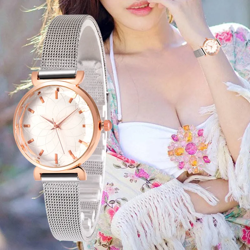 Женские кварцевые часы с круглым циферблатом маленькие наручные сетчатым