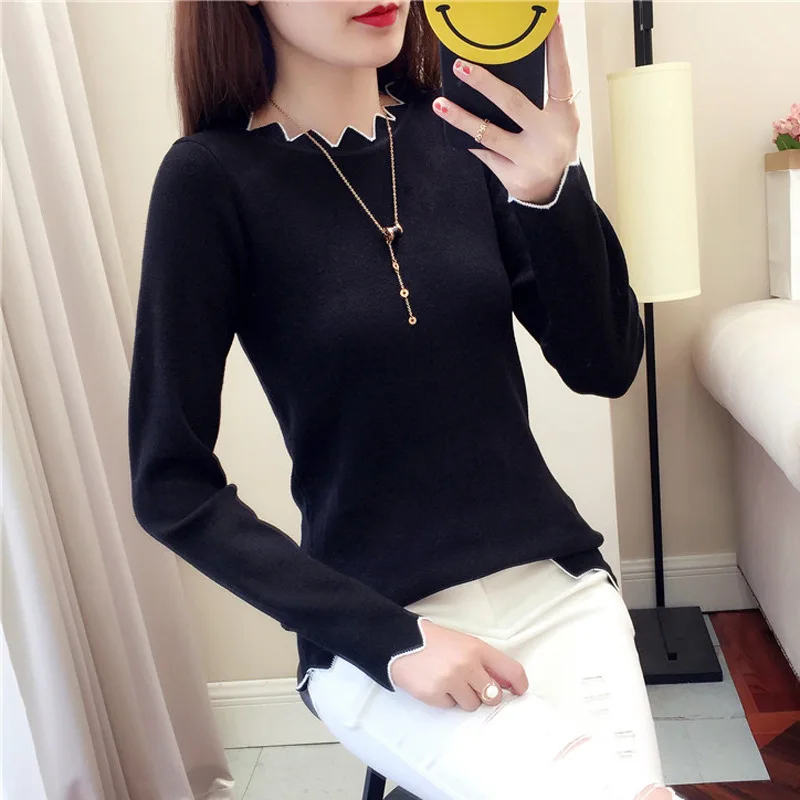 

Spring and autumn new solid color slim round neck long-sleeved knitted T-shirt women with wooden ears gray