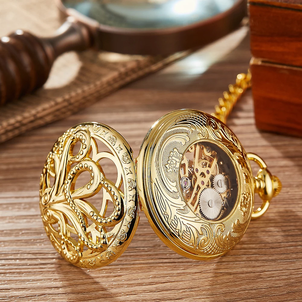 Gold Bronze Mechanical Pocket Watch Hollow Octopus Hand Wind Mechanical Watch Fob Chain Unique Skeleton Steampunk Clock reloj