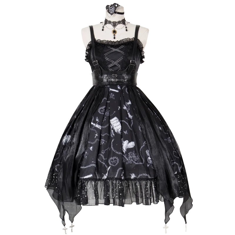 

Black Gothic Lolita JSK Dress Layered Ruffles Lace Lolita Dress-The Vampire Diaries