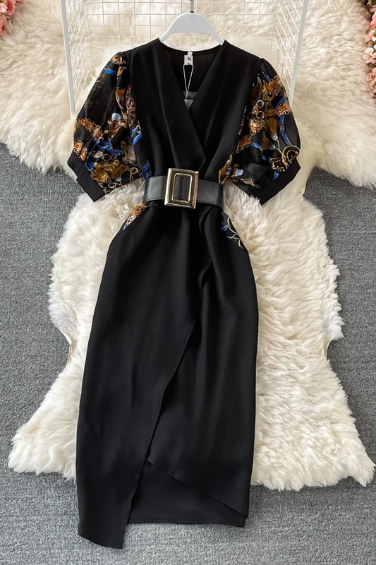 

Summer women's luxury dress 2021 new V-neck batwing sleeve sashes irregular black dress elegant office slim dress