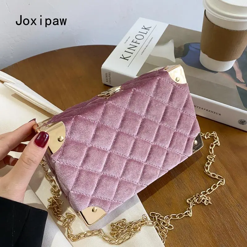 

New Arrival Velvet Box Handbag For Women 2021 Fashion Shoulder Messenger Bag Female Luxury Grid Party Wedding Flaps High Quality