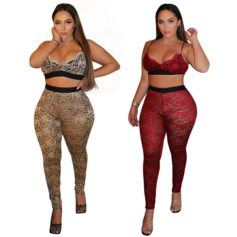 New 2021 Women Lace Stiching Contract Color Two Piece Set Sparkling Sleeveless V Neck Top+Slim Fit Pencil Pants Nightclub Party