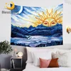 BlessLiving Abstract Costal Tapestry Blue Brush Nature Tapestries Ocean Wall Hangings Home Decor Sun and Moon Flat Sheet 150x200 1
