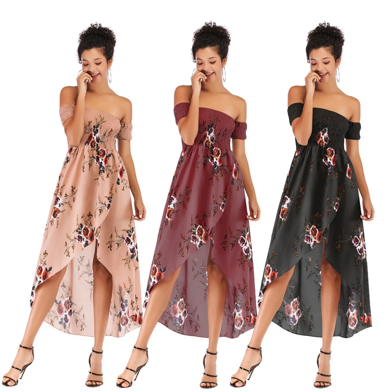 

Witbuy Summer Women Dress Elegant Print Off The Shoulder Strapless Asymmetrical Beach Dresses For Women Sexy 2021 Woman Clothes