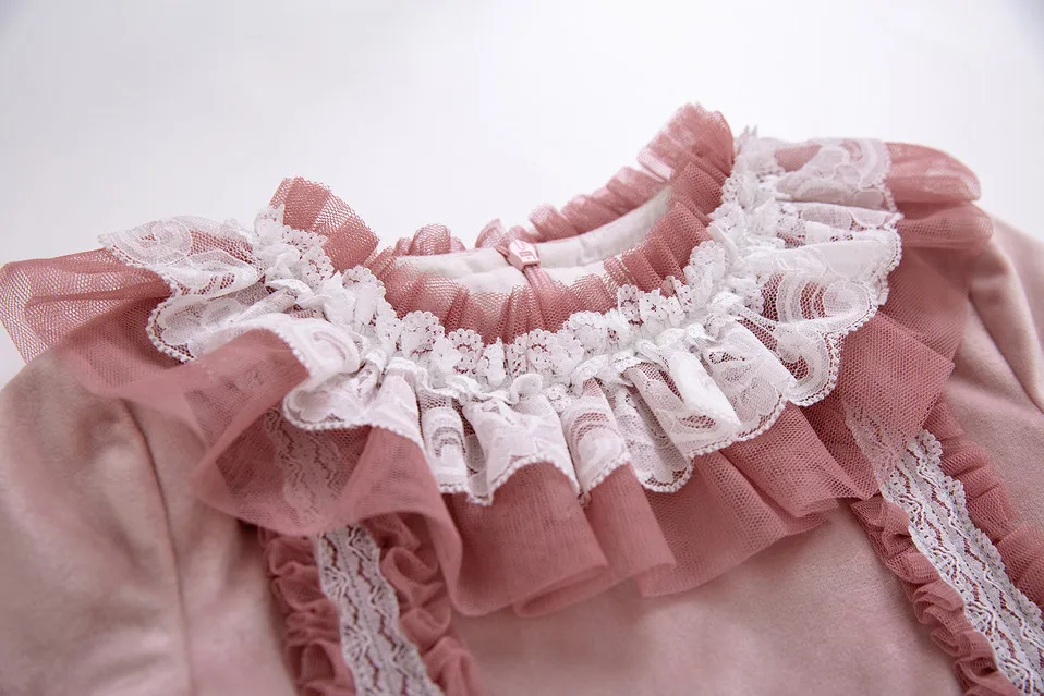 Pettigirl Pink Girl Dresses Handmade Flower Tulle Velvet Long Sleeve Wedding dresses Kids Baby Clothing With Hair Accessories | Детская
