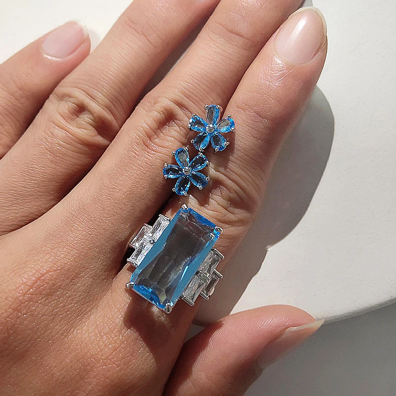 

2pcs Brand Engagement Handmade Sky Blue Flower AAA CZ Jewelry Set for Women Fashion Stud Earrings Rings Accessories Anel Wedding