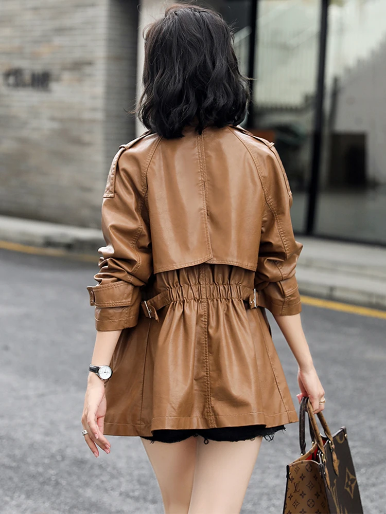 New Women Leather Jacket Spring Autumn 2022 Casual Fashion Solid Color Elastic Waist Loose Sheepskin Trench Coat Biker Jacket