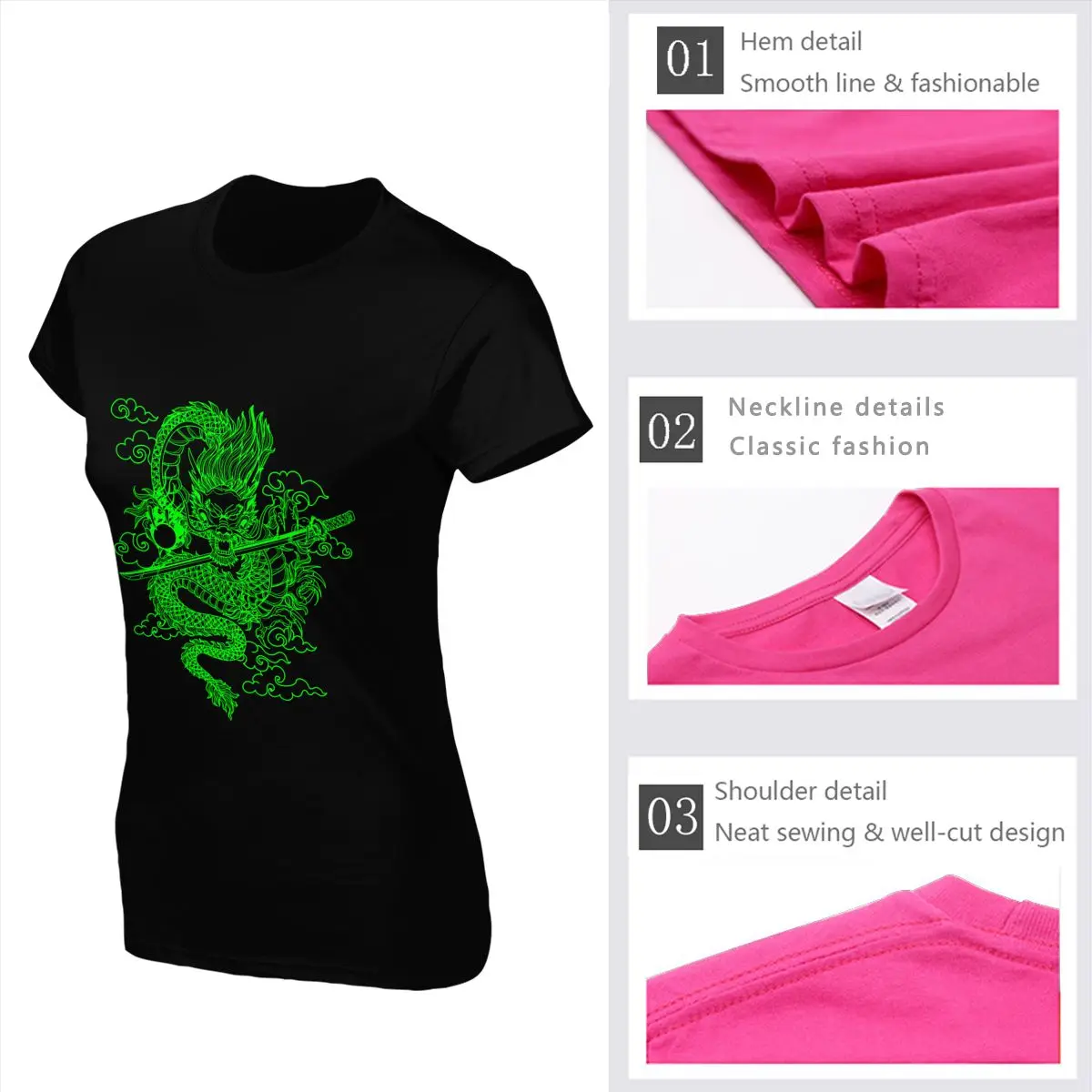 

Dragon Design Women's Cotton T Shirts Short Sleeve Tops Tee Summer Black T-shirt for Women Workout Female Clothing 2021