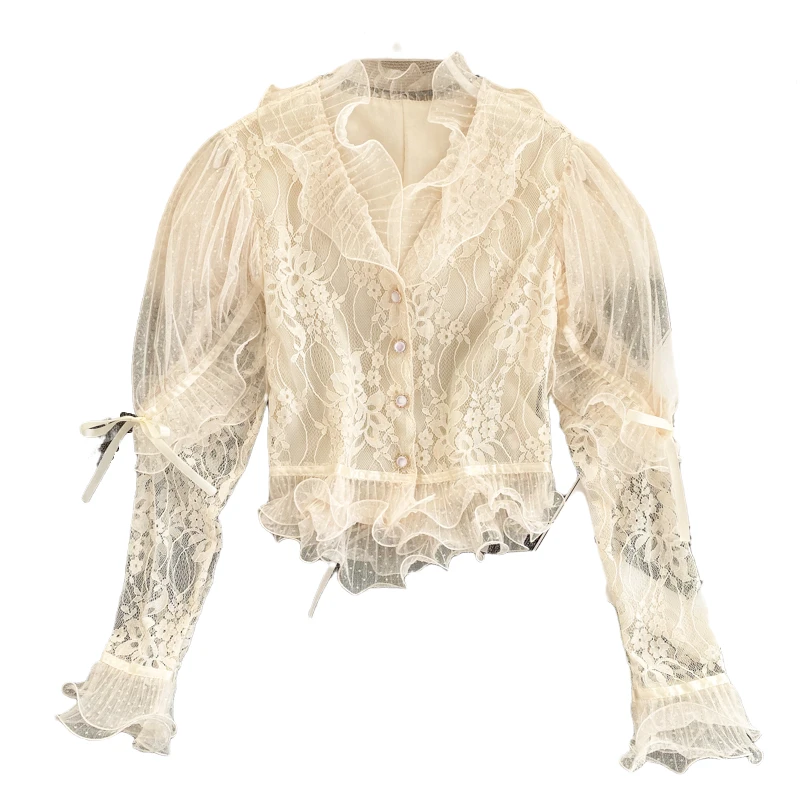 

Fashion Design Lace Women Shirts Summer New Solid Ruffles Turn-Down Collar Short Office Lady Elegant Outwear Coat Tops
