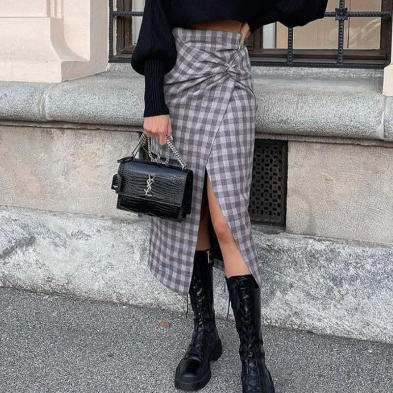 

Ardm Za 2021 Elegant Hight Waist Pleated Slim Woman Skirts Side Split Faldas Vintage Plaid Skirt Office Grey Ladies Midi Skirt