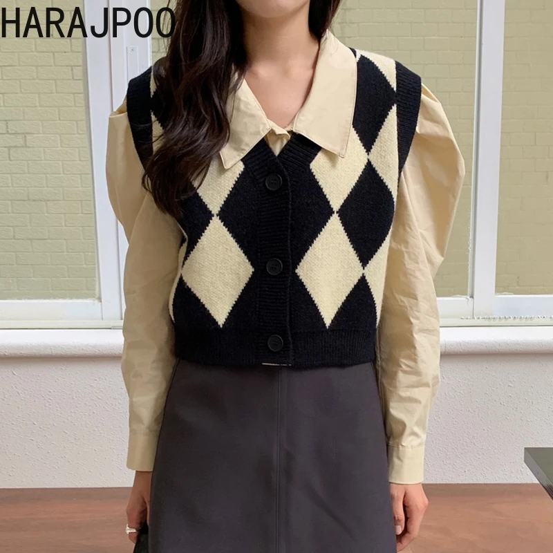 

Женский вязаный жилет Harajpoo в Корейском стиле, модный винтажный свитер контрастных цветов с узором ромбиками, Майки с V-образным вырезом, Y2k, о...