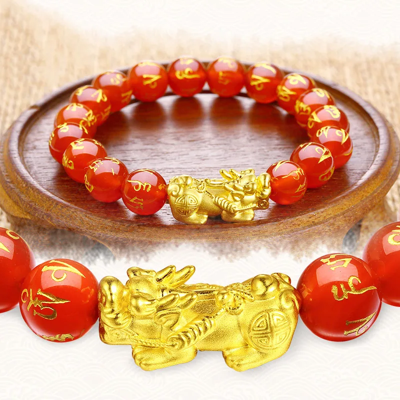 

New 999 Real 24K Yellow Gold Bracelet Women 3D Luck Bless Coin Pixiu with Red Agate Beads Link Bracelet 0.9-1.2g