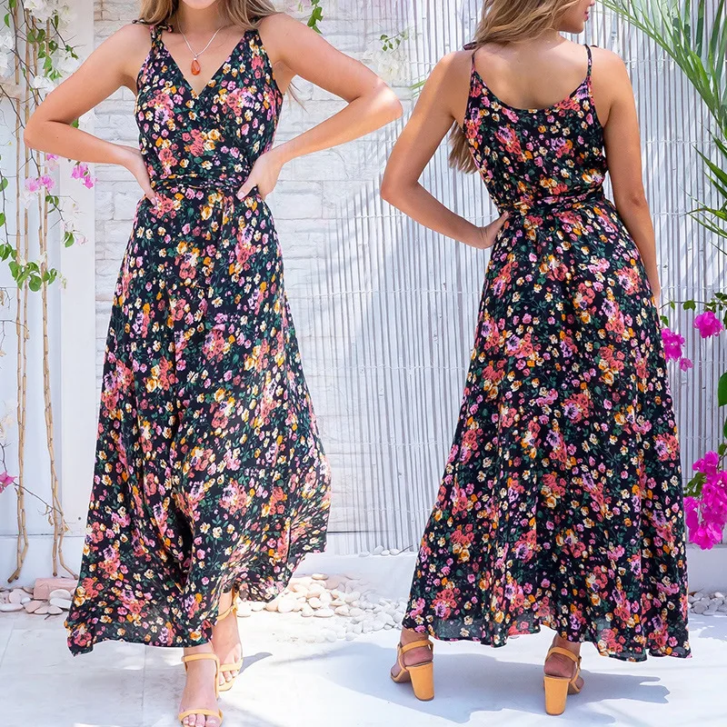 

2020 Summer new hot v-neck sexy elegant dress small daisy Broken flowers print chiffon dress long suspender dress high-quality