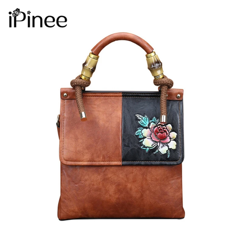 iPinee Retro Women Bag Vintage Shoulder Bags For Women 2021 New Handmade Embossed Leather Handbag Floral Tote Bag Female