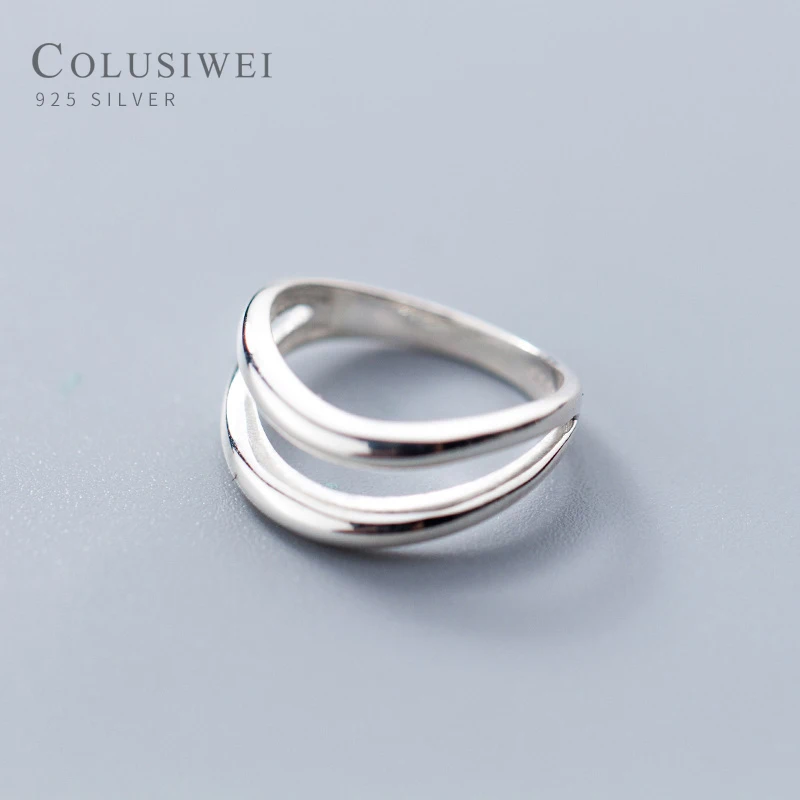 

COLUSIWEI Authentic 925 Sterling Silver Double Layer Ring for Women Fashion Simple Silver Geometric Thick Line Rings Jewelry