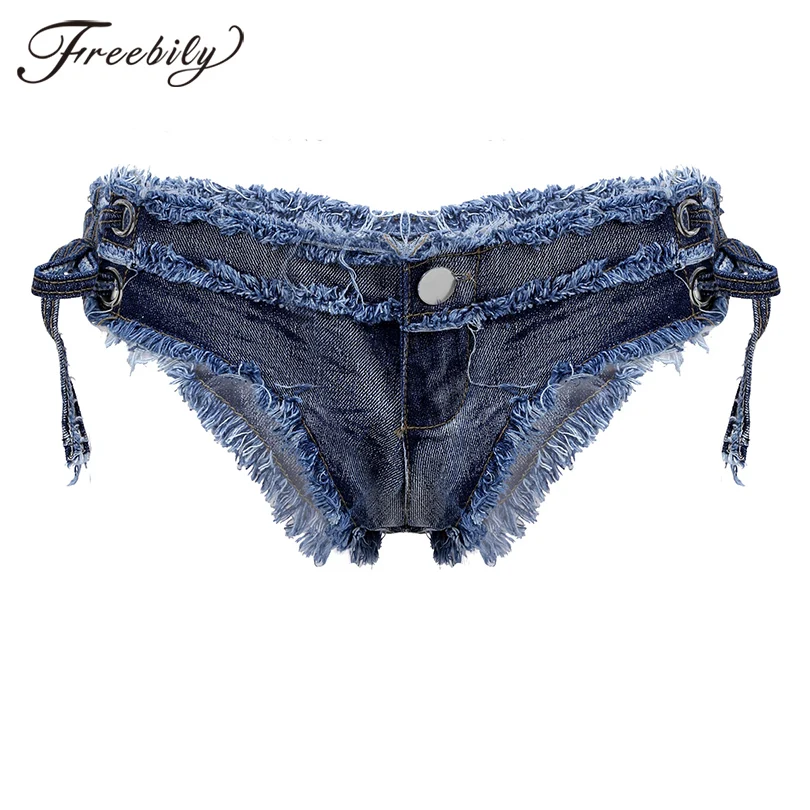 

Женские джинсовые шорты для танцев, низкая талия, джинсовое бикини, мини горячие штаны, на шнуровке, сексуальная пляжная одежда, танцевальны...
