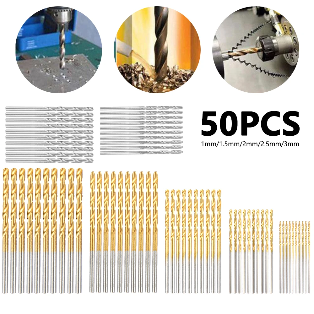 

50pc 1/1.5/2/2.5/3mm Titanium Coated Drill Bits High Quality HSS High Speed Steel Drill Bits Set for Woodwork Metal Reamer Tools