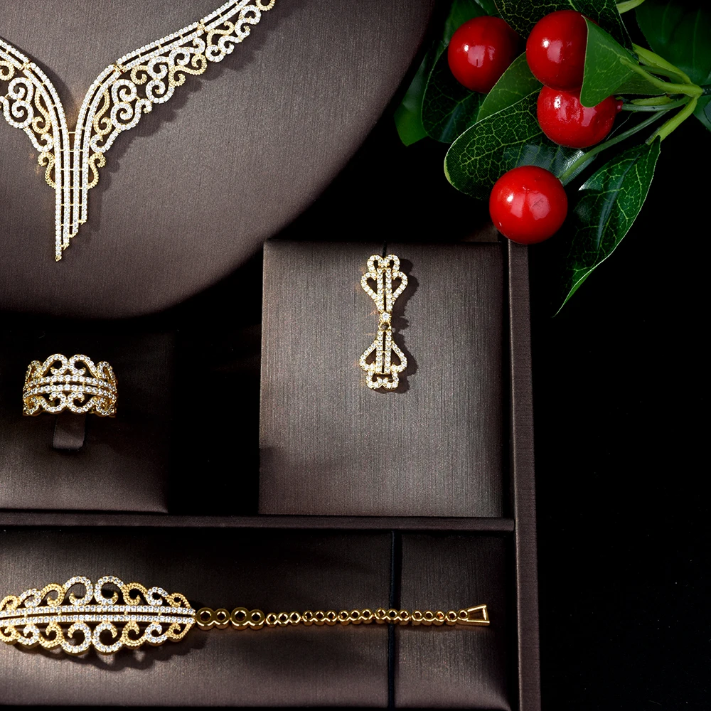 Высокое качество свадебные комплекты из ожерелья и сережек с фианитом роскошные