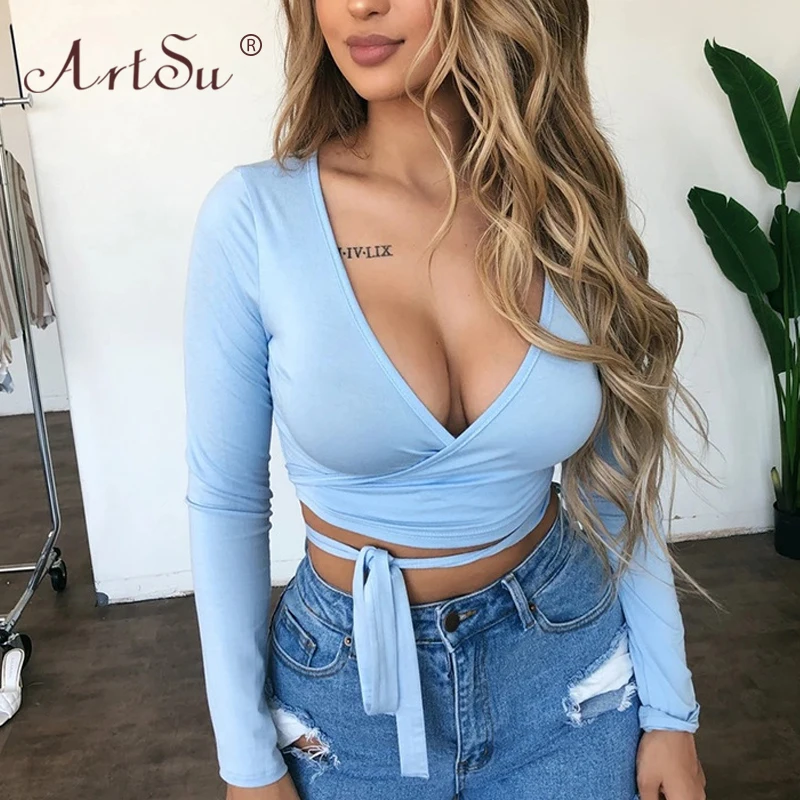 Женская обтягивающая футболка ArtSu однотонный облегающий топ с V-образным вырезом