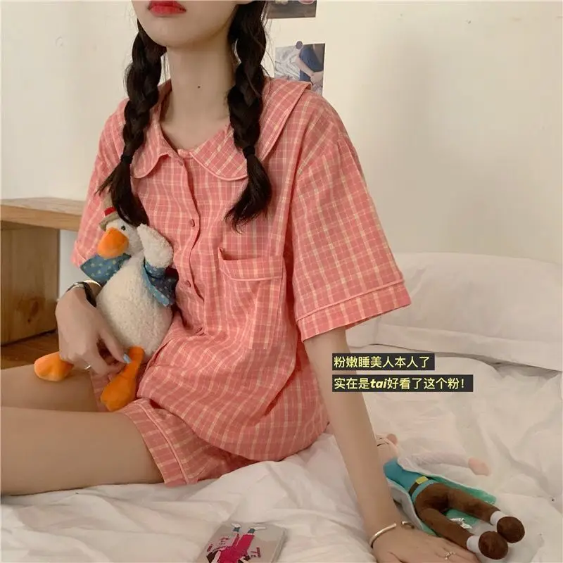 

Korean Grid Women Pajamas Sets Summer Kawaii 2Pieces Of Pajama Shorts+short Sleeve Shirt Doll Collar Female Sleepwear Homewear