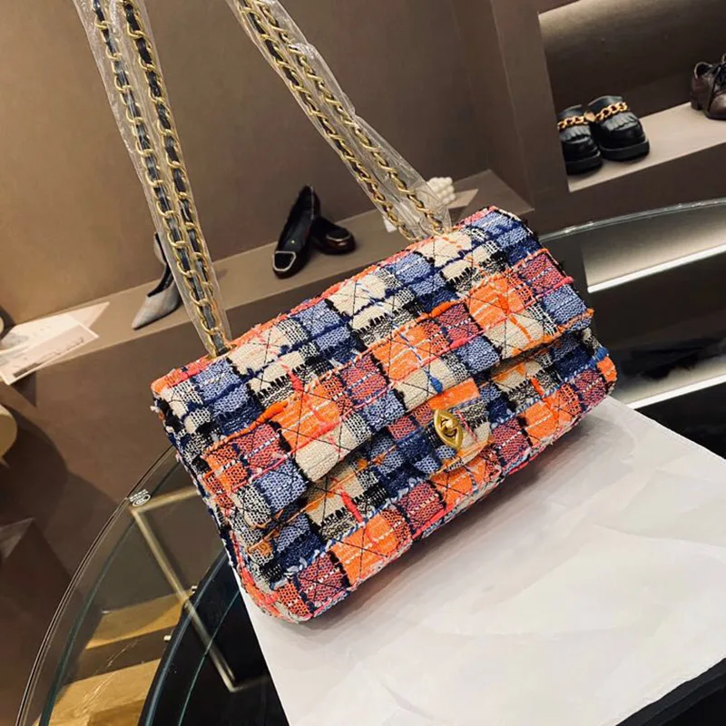 

High End Women Flap Tweed Bags with Chain Leather Strap Outside Pocket Luxury New Brand Female Shoulder Bags Metal Logo 2021