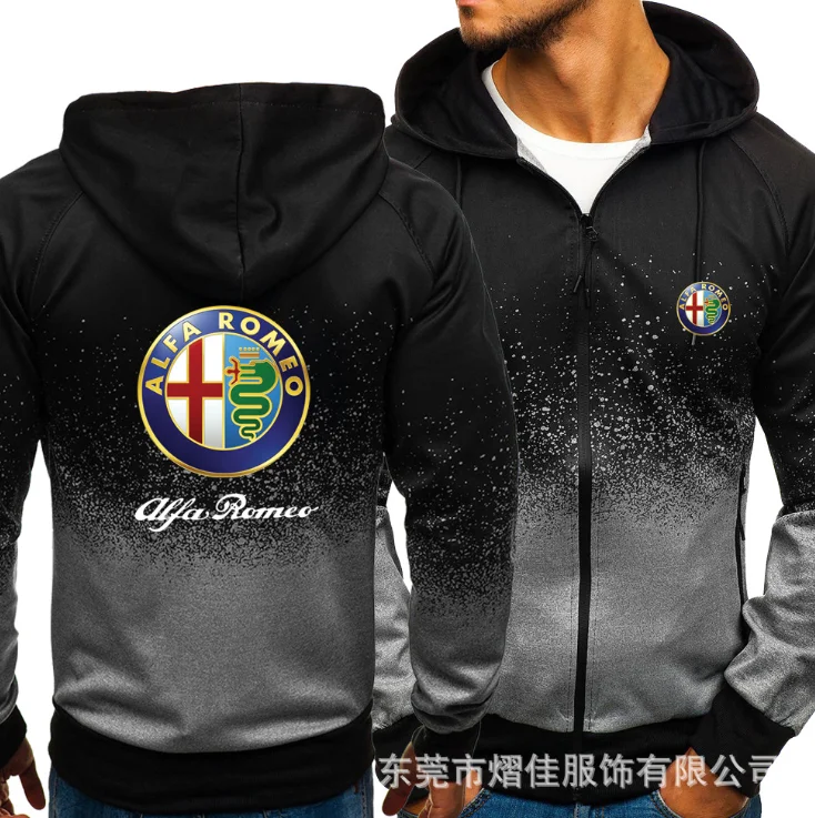 

NEW2021 for ALFA ROMRO Car Logo Print Casual HipHop Harajuku Gradient color Hooded Mens Fleece Sweatshirts zipper Jacket