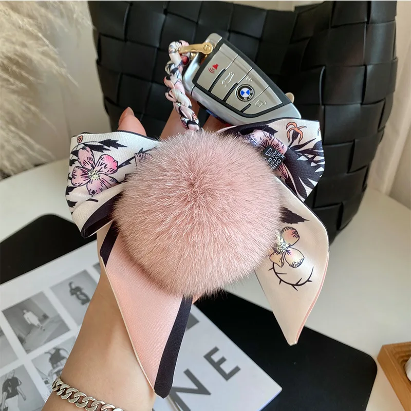 Шёлковый шарф из натурального Лисьего меха бант мячик Пума брелок Женский