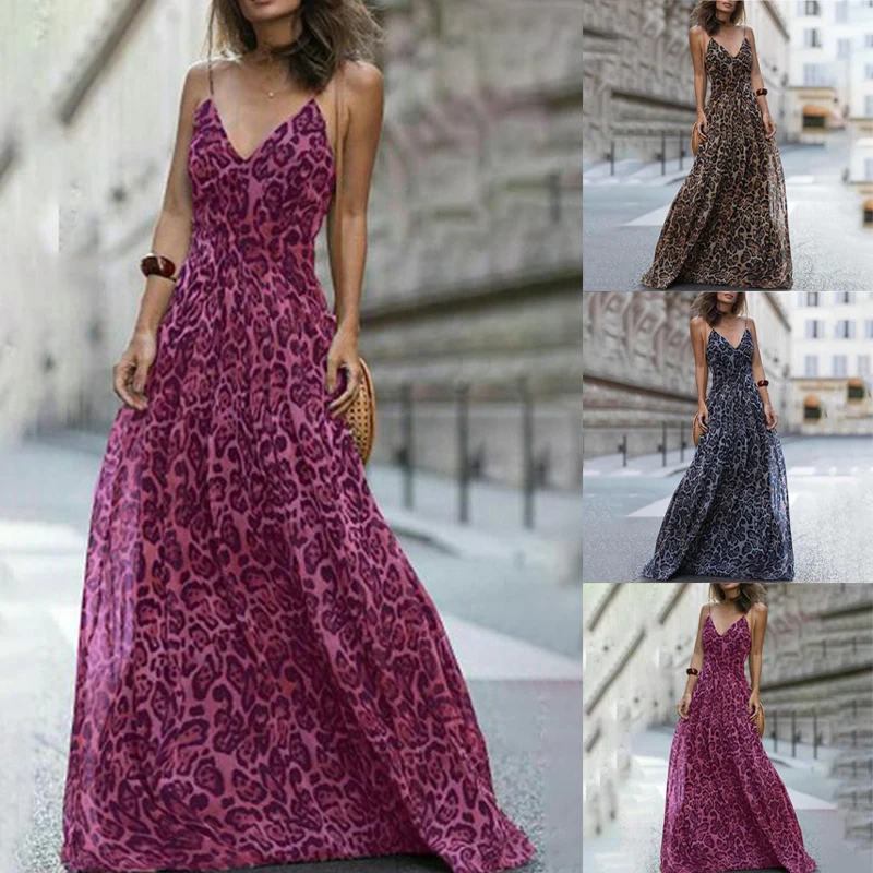 

Fashion Sexy Dress Leopard V-Neck Sling Dress Maxi Dresses Women Summer Sleeveless Chiffon Beach Long Dress Robe Tops Dress