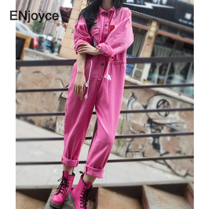 

Spring Autumn Women Jumpsuit Vintage Black Fashion Double Drawstring High Waist Loose Cargo Pockets Ladies Tide Label Playsuit