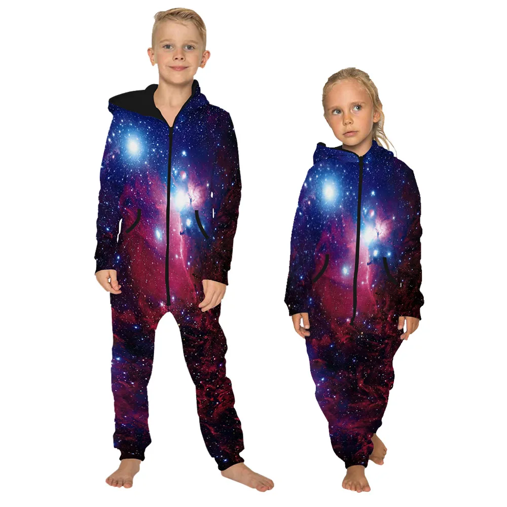 

Boys Girls Velvet Long Sleeves Starry Sky 3D Printed Zipper Hooded Jumpsuit Halloween Cosplay Costumes Pajamas Kids Party Outfit