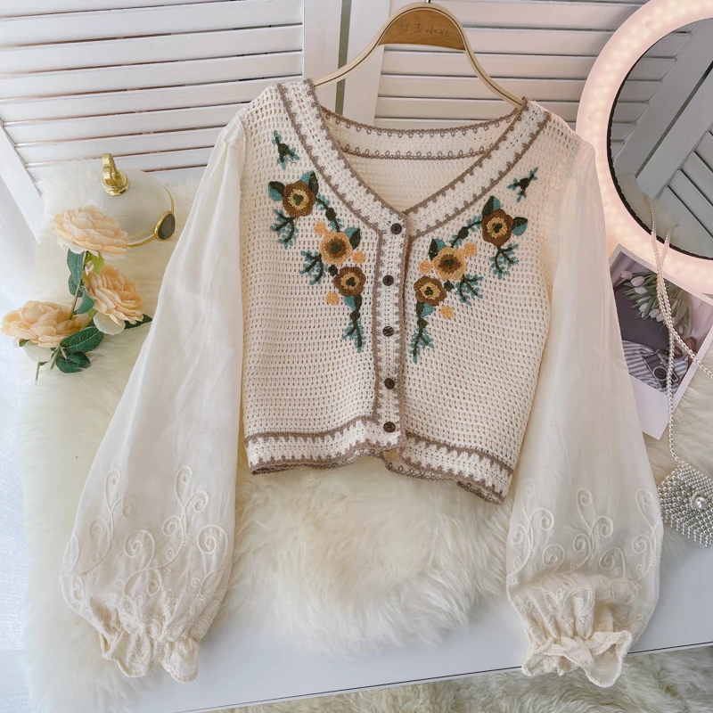 

Hollow Hook Flower Knitted Cardigan Women Puff Sleeve V Neck Button Casual Top Autumn Retro Embroidery Short Outerwear