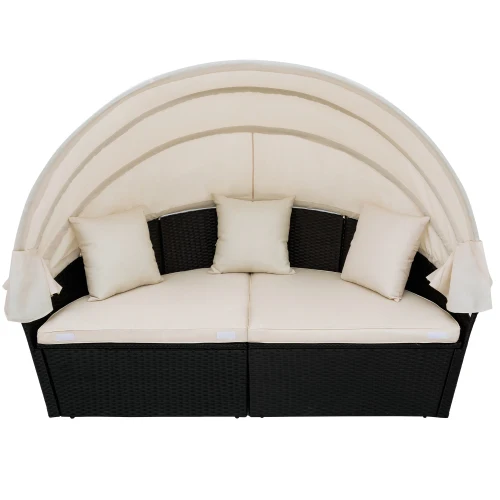 Outdoor garden furniture rattan sofa bed and retractable canopy round outdoor set wicker clamshell seat beige. | Мебель