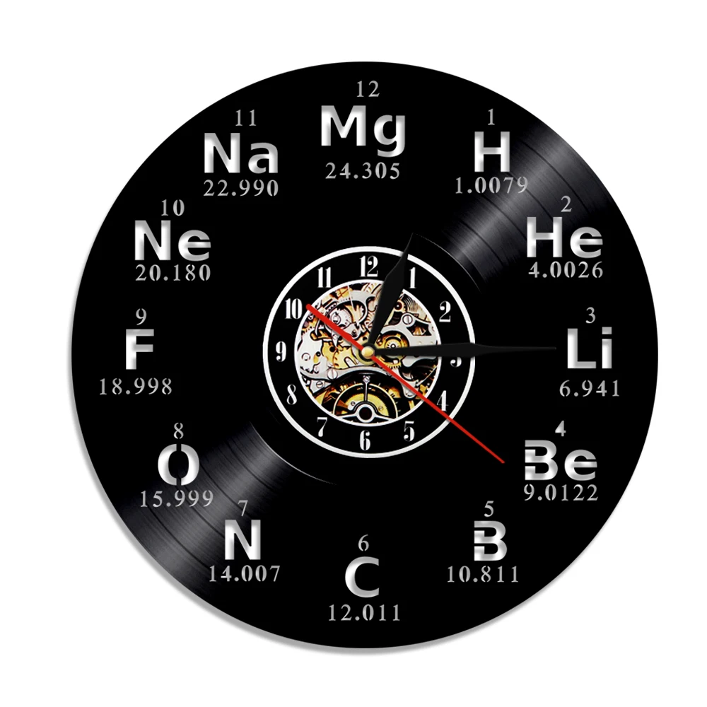 Chemical Element Periodic Table Vinyl Record Wall Clock Chemistry Math Formula Science Wall Hanging Watch Geek Graphic Classroom