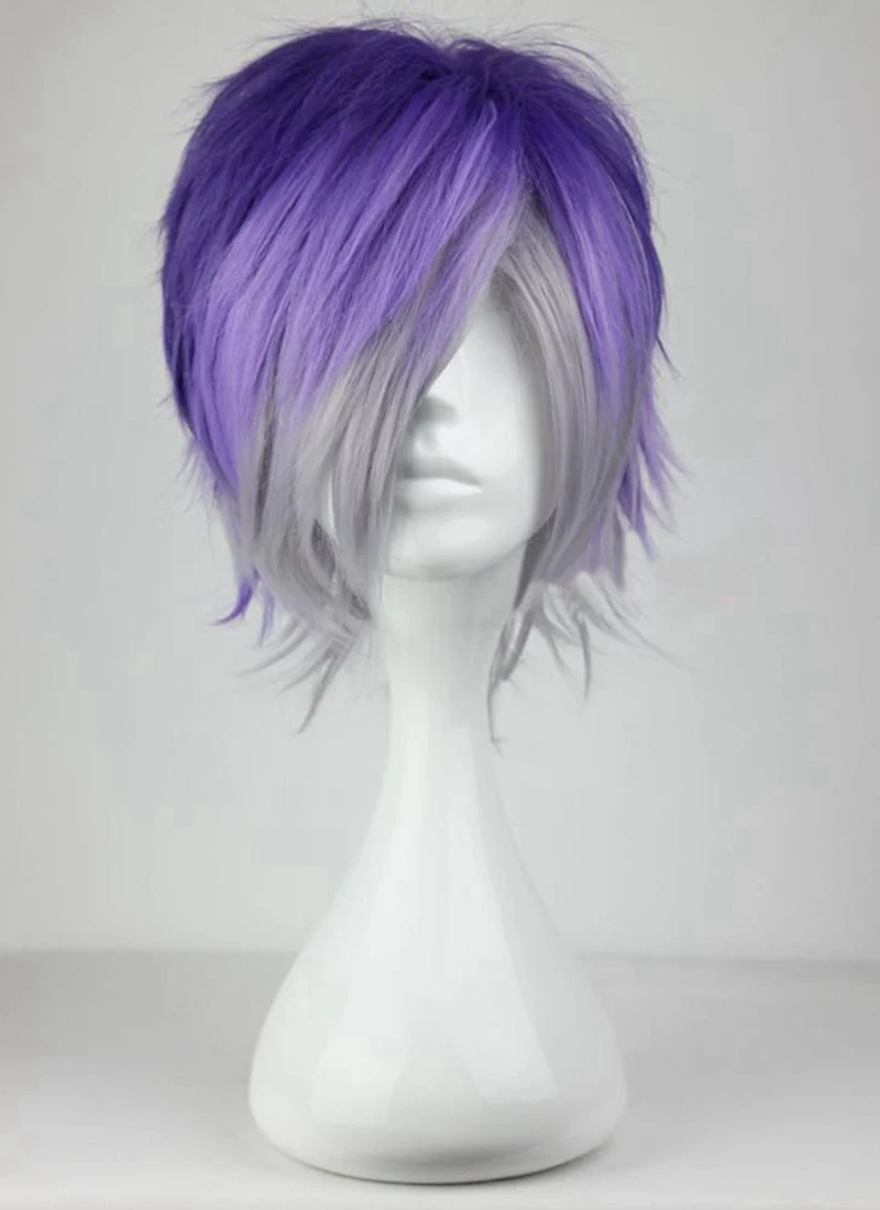 Парик для косплея из искусственных волос короткие фиолетовые серые термостойкие