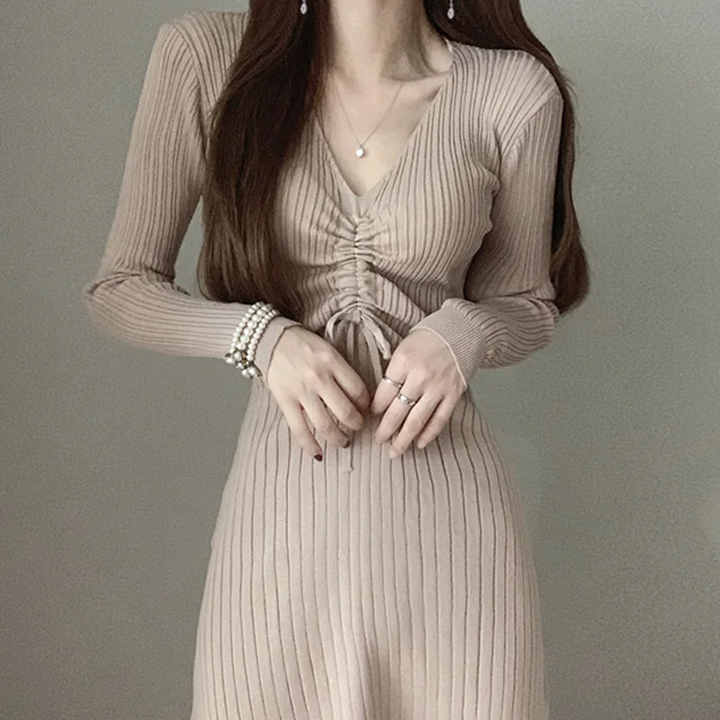 

Женское трикотажное платье, элегантное цельное плиссированное платье-свитер с V-образным вырезом и длинным рукавом, осень 2020