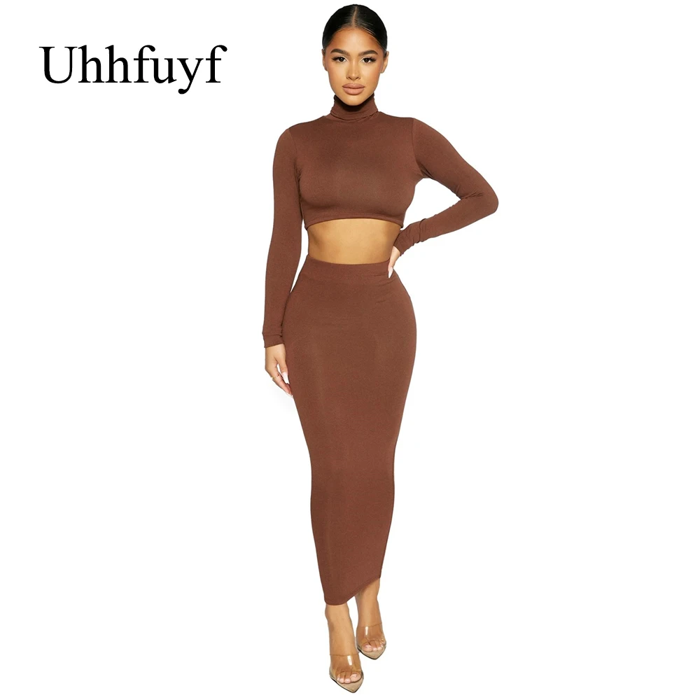 

Uhhfuyf Women's Solid Color Two-Piece Suit Spring Autumn High-Necked Long-Sleeved Short Tops With Hips Slim Skirt Sexy Simple