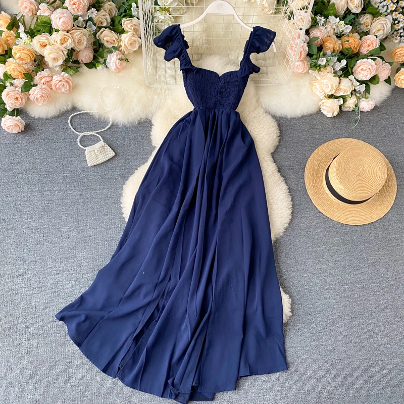 Summer Dress 2020 Fashion New Women Ruffle Layer Spaghetti Strap High Waist Long Rode Ladies Hem Slit Sexy Slim Dresses Vestidos | Женская