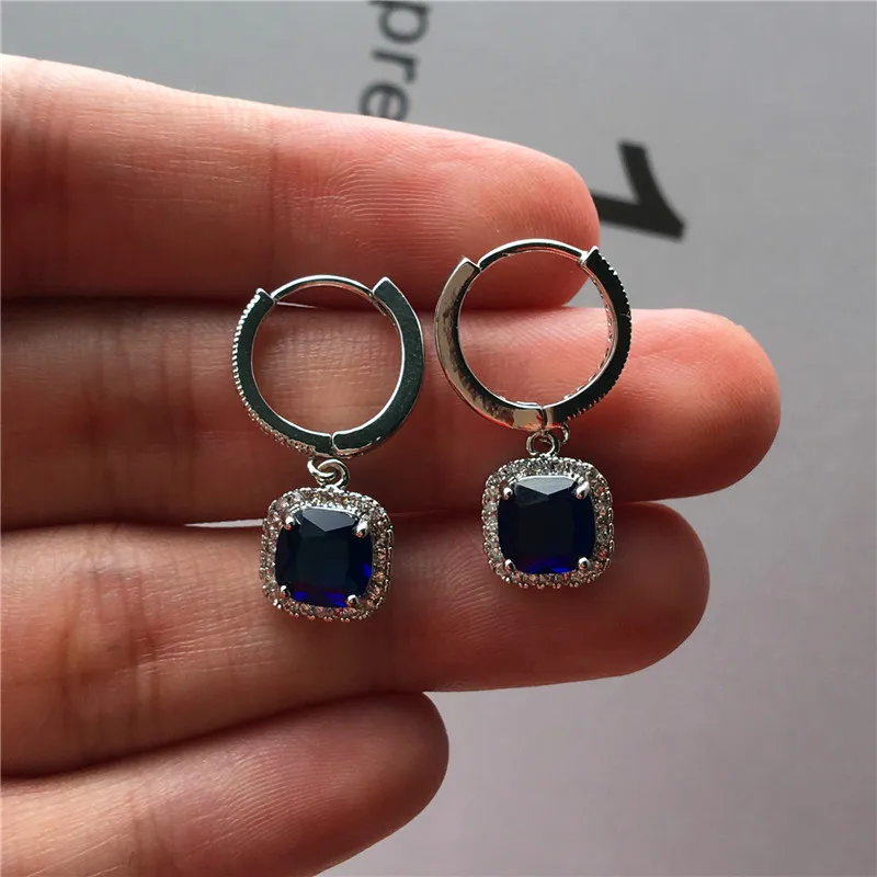 Fashion Female Pink Blue Zircon Stone Earrings Elegant Square Hoop Earrings For Women 925 Sterling Silver Wedding Earrings - Metal Color: Blue