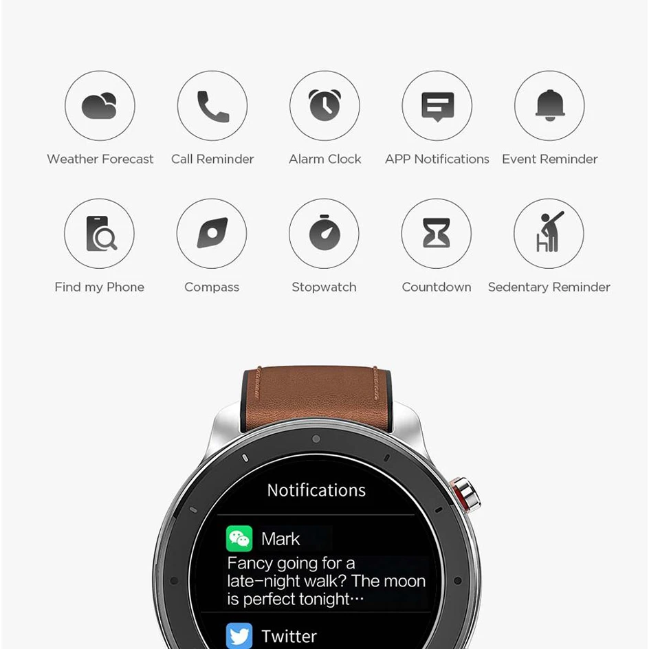 Оригинальные Huami Смарт-часы AMAZFIT GTR 47 мм 5 АТМ водонепроницаемые часы 1,3" AMOLED gps+ ГЛОНАСС умные часы мужские 24 дня батарея