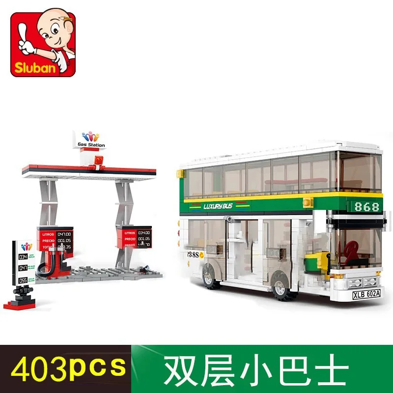 

Sluban City Vehicle Container Car Garbage Trucks Oil Tank Double-Decker School Bus Wash Sets Model Building Blocks Brick Kid Toy