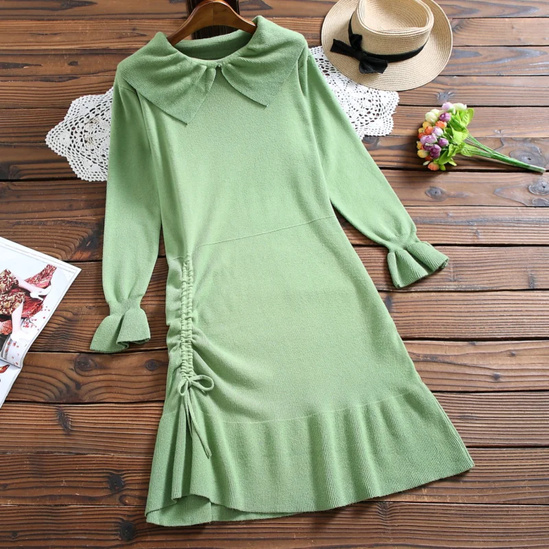 Абрикосовое зеленое трикотажное платье свитер осенняя и зимняя одежда женские