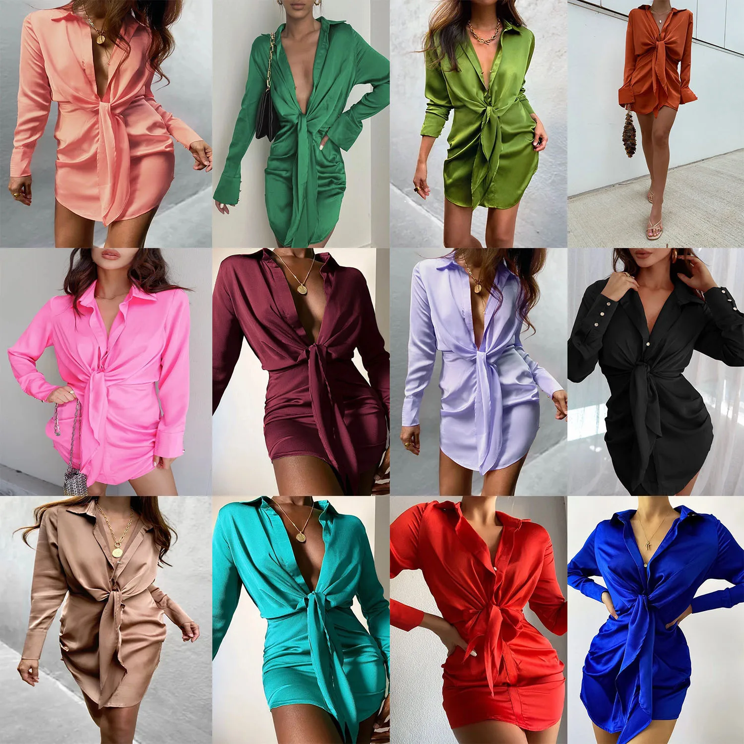 

V-neck Soft Silk Satin Dress Women 2021 Spring Long Sleeve Collect Waist tie knot Mini Short Dress Elegant Lady Office Dresses