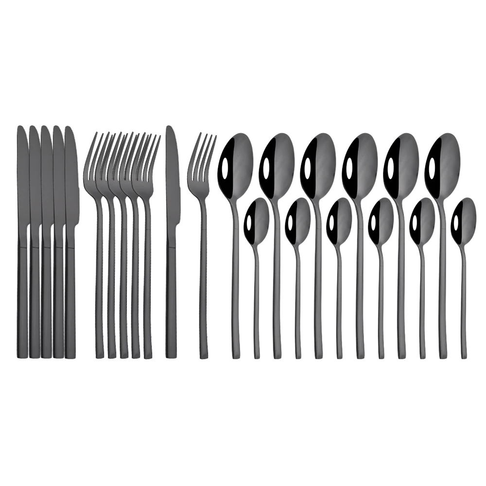 

24Pcs Mirror Black Cutlery Set Home Knife Fork Spoon Dinner Tableware Stainless Steel Dinnerware Kitchen Flatware Silverware Set