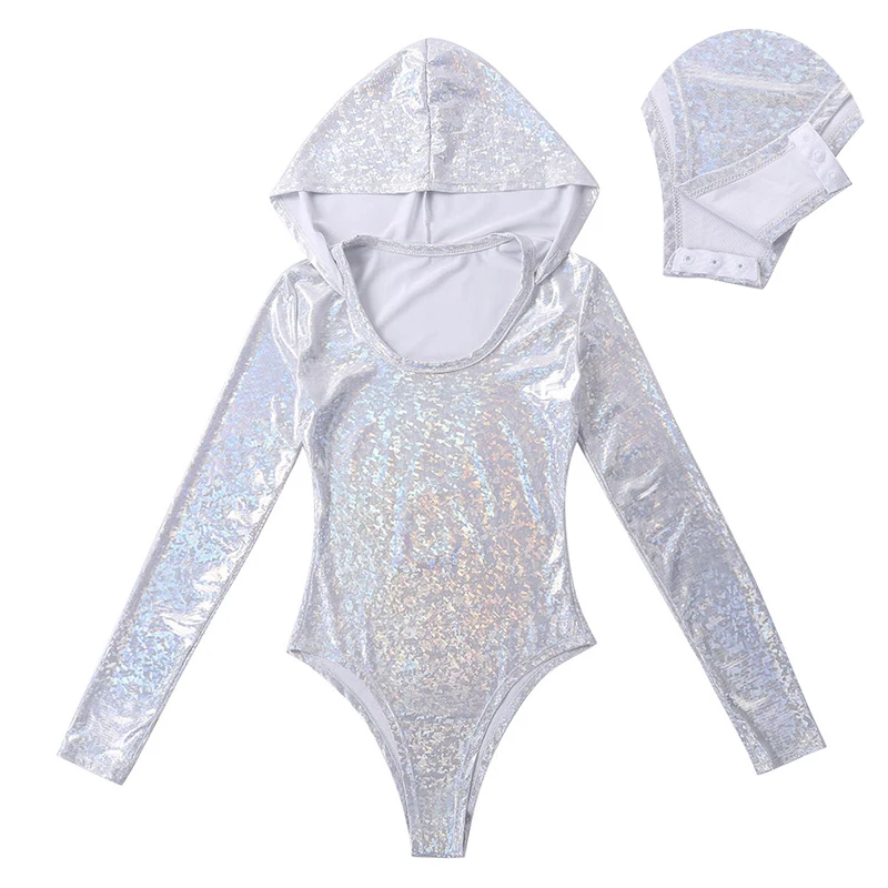 Женское блестящее боди с длинным рукавом и капюшоном| |