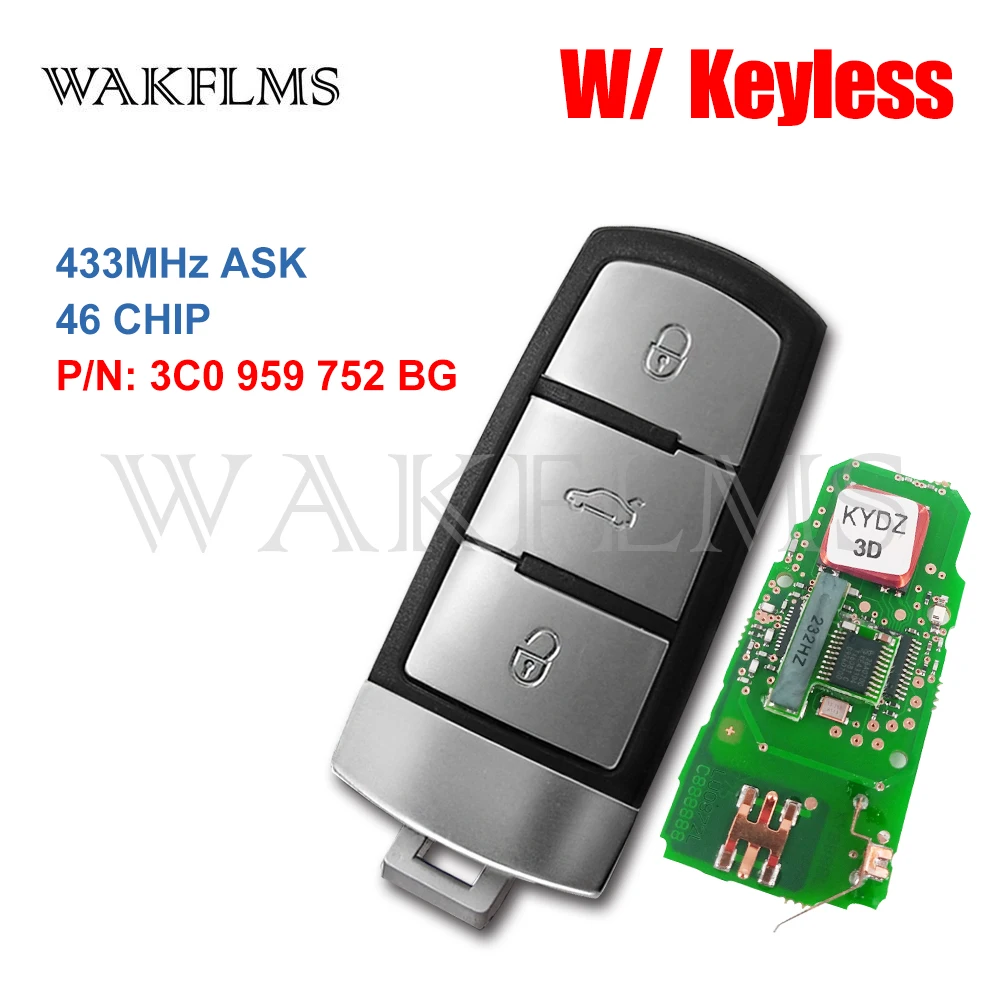Брелок для автомобиля 3C0 959 752 BG без ключа 433 МГц с ID46 Volkswagen VW Passat CC 2004 2015 3C0959752BG|Ключ