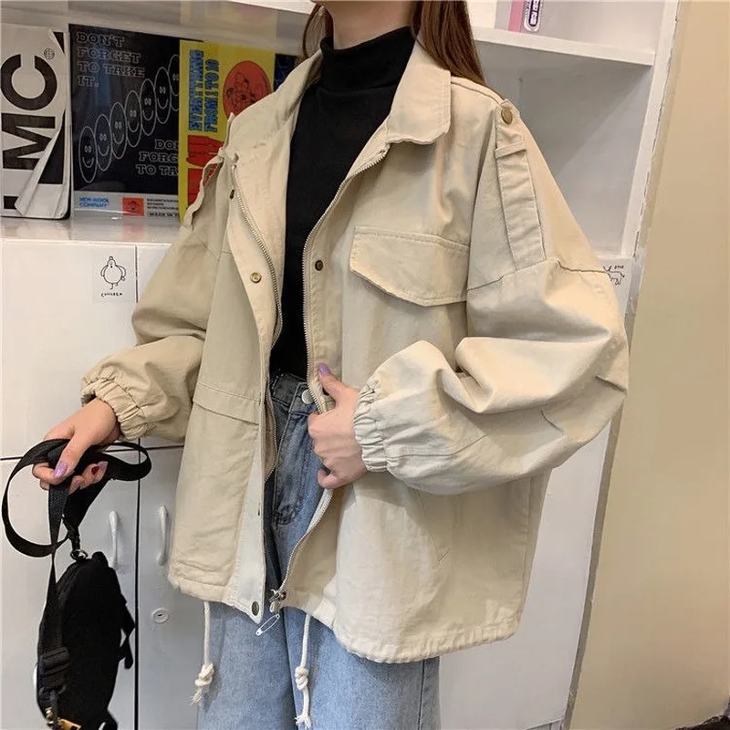 

Jackets Womens Autumn Zipper Single Button Long Sleeve Pockets Hajajuku Retro Korean Style All-match Solid Casual Fashion Chic