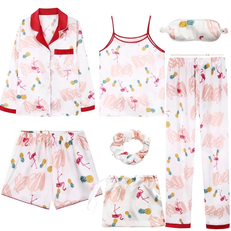 

SWT Seven-piece Women Pajamas Spring and Autumn Long-sleeved,short Sleeved Imitation Silk Halter Vest Shorts Home Wear for 2020